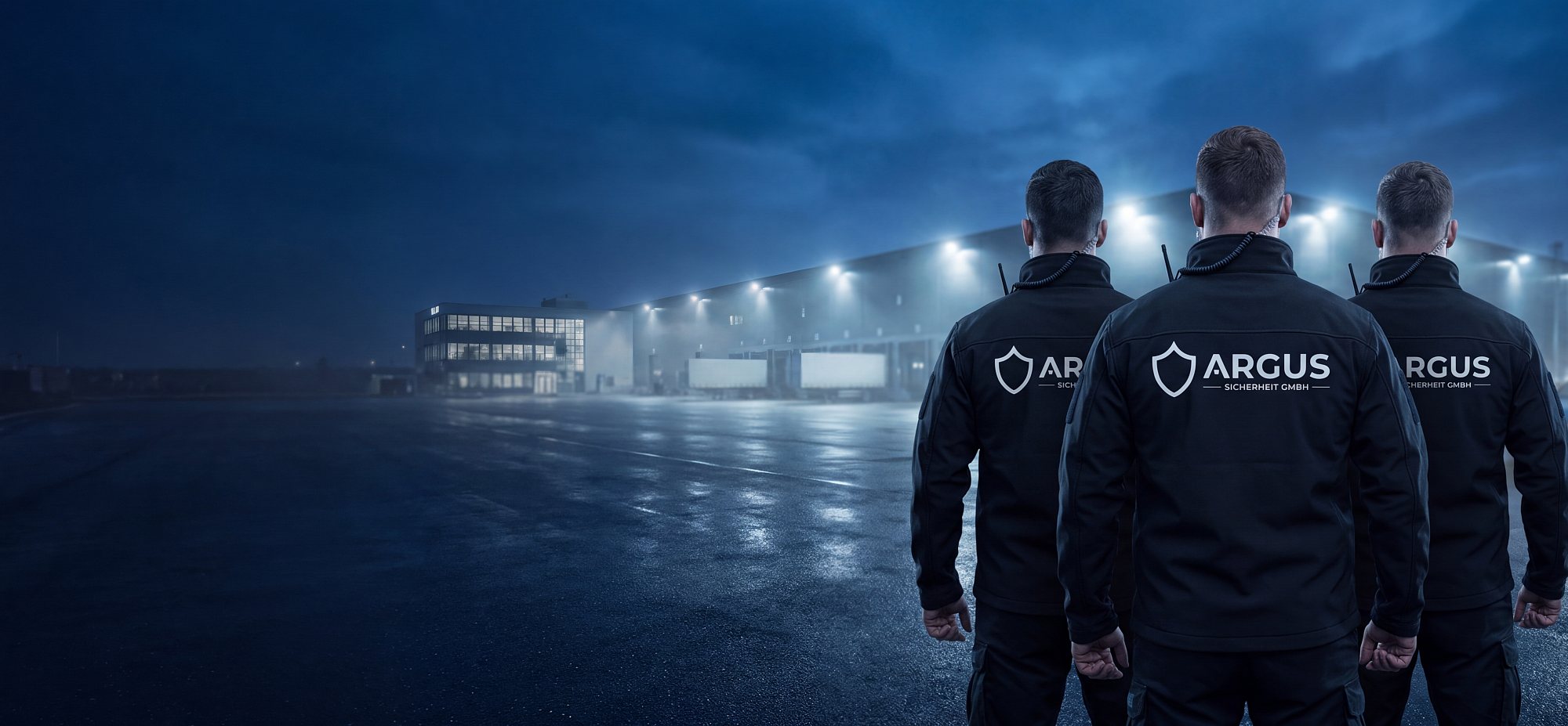 Drei Mitarbeiter der ARGUS Sicherheit GmbH vor einem Logistikzentrum, ARGUS-Logo auf den Jacken
