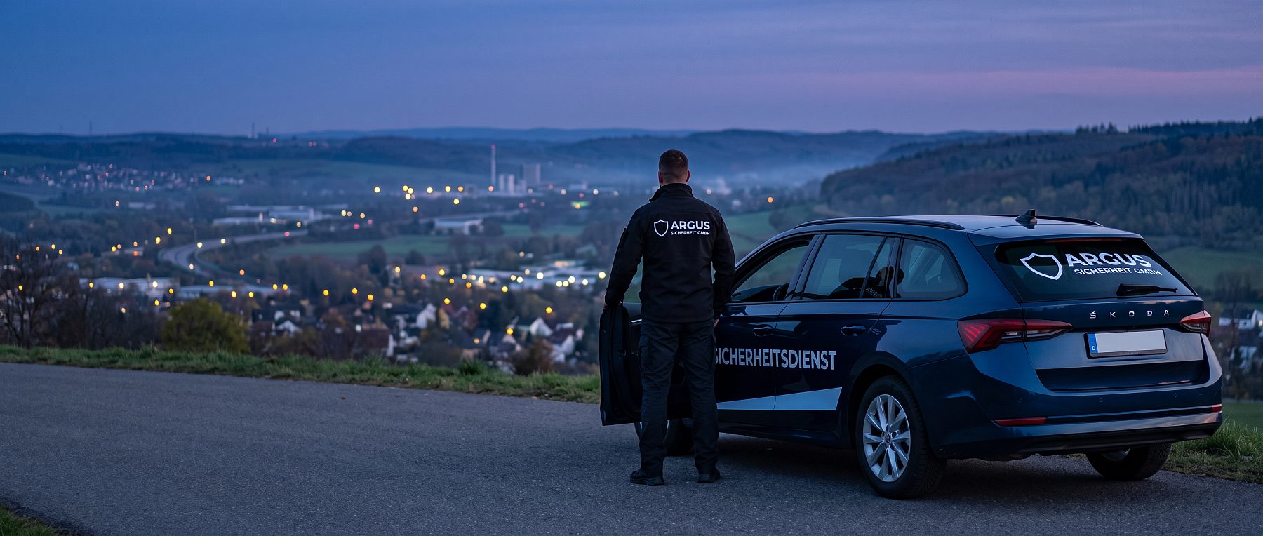 Streifenwagen der ARGUS Sicherheit GmbH mit Blick über die Region bei Dämmerung